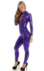 Front Zipper Catsuit-Bodysuit in Metallic Purple, Front View; Front Zipper Catsuit-Bodysuit in Metallic Purple, Rear View; Front Zipper Catsuit-Bodysuit in Meta