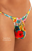 most popular mens sexy micro string bikini swimsuit by skinz swimwear in Semi Sheer Hibiscus Printed Mesh; Sunseeker Micro Pouch Half Back Bikini in Semi Sheer