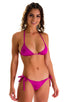Low Rise Side Tie Brazilian Bikini Bottom in Magenta, Front View; Low Rise Side Tie Brazilian Bikini Bottom in Magenta, Rear View; Low Rise Side Tie Brazilian B