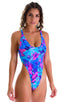 womens sexy swimwear one piece thong swimsuit in Tahitian Magenta-Aqua floral print; One Piece Thong in Tahitian Magenta-Aqua, Rear Alternative; One Piece Thong