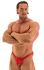 mens posing suit with fitted pouch and puckered butt bodybuilder bikini half back in wet look red; Posing Suit - Fitted Pouch - Puckered Back in Wet Look Lipsti