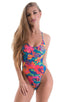 One Piece Swimsuit Criss Cross Rio in Tan Through Tahitian Floral, Front View; One Piece Swimsuit Criss Cross Rio in Tan Through Tahitian Floral, Rear View; O
