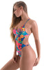 One Piece Swimsuit Criss Cross Rio in Tan Through Tahitian Floral, Front View; One Piece Swimsuit Criss Cross Rio in Tan Through Tahitian Floral, Rear View; O