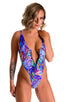 womens sexy swimwear one piece thong swimsuit in Illumine multi color print; Zipper Front High Cut One Piece Thong in Illumine, Rear View; Zipper Front High Cut