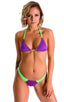 Brazilian Triangle Top in ThinSKINZ Grape and Neon Lime, Front View; Brazilian Triangle Top in ThinSKINZ Grape and Neon Lime, Rear View; Brazilian Triangle Top