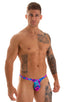 T Back Thong Swimsuit - Bravura Pouch in Tahitian Magenta Aqua, Front View; T Back Thong Swimsuit - Bravura Pouch in Tahitian Magenta Aqua, Rear View; T Back Th