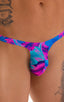 T Back Thong Swimsuit - Bravura Pouch in Tahitian Magenta Aqua, Front View; T Back Thong Swimsuit - Bravura Pouch in Tahitian Magenta Aqua, Rear View; T Back Th