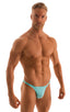 mens micro pouch bikini swimsuit brief skinz speedo swimwear in aquamarine; Smooth Front Bikini in Aquamarine, Front View; Smooth Front Bikini in Aquamarine, Re
