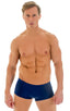 mens swimwear square cut boxer style swimsuit in Navy Blue; Extreme Low Square Cut Swim Trunks in Navy Blue, Rear View; Special Order Notice; Extreme Low Square