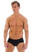 Pouch Enhanced Micro Square Cut Swim Trunks in Super ThinSKINZ Black, Front View; Pouch Enhanced Micro Square Cut Swim Trunks in Super ThinSKINZ Black, Rear Vie