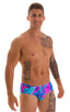Pouch Brief Swimsuit in Tahitian Magenta-Aqua, Front View; Pouch Brief Swimsuit in Tahitian Magenta-Aqua, Rear View; Pouch Brief Swimsuit in Tahitian Magenta-Aq
