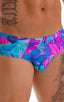 Pouch Brief Swimsuit in Tahitian Magenta-Aqua, Front View; Pouch Brief Swimsuit in Tahitian Magenta-Aqua, Rear View; Pouch Brief Swimsuit in Tahitian Magenta-Aq