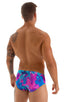 Pouch Brief Swimsuit in Tahitian Magenta-Aqua, Front View; Pouch Brief Swimsuit in Tahitian Magenta-Aqua, Rear View; Pouch Brief Swimsuit in Tahitian Magenta-Aq