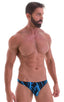 Large Pouch Swimsuit Bikini in Lazer Blue Lightning with PEP Lining, Front View; Large Pouch Swimsuit Bikini in Lazer Blue Lightning with PEP Lining, Rear View;