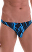 Large Pouch Swimsuit Bikini in Lazer Blue Lightning with PEP Lining, Front View; Large Pouch Swimsuit Bikini in Lazer Blue Lightning with PEP Lining, Rear View;