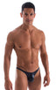 mens sexy bikini fitted pouch scrunchie rear in wet look black; Fitted Pouch Puckered Back Bikini in Wet Look Black, Rear View; Fitted Pouch Puckered Back Bikin