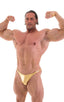 mens most popular competition posing suit in metallic gold NPC IFBB body builder bikini; Posing Suit - Competition Bikini Cut in Liquid Gold, Rear View; Posing