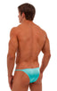 mens super low brazilian bikini in sheer aquamarine skinz man swimsuit; Super Low Brazilian Bikini in Aquamarine, Rear View; Super Low Brazilian Bikini in Aquam