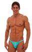 mens micro pouch bikini swimsuit brief skinz speedo swimwear in aquamarine; Smooth Front Bikini in Aquamarine, Front View; Smooth Front Bikini in Aquamarine, Re