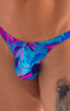mens micro pouch thong back sexy swimsuit in swimwear fabric Aqua Magenta Tahitian; Stuffit Pouch Thong in Aqua Magenta Tahitian 2; Stuffit Pouch Thong in Aqua