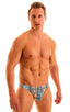 Enhancing Pouch Swim Brief in ThinSKINZ Aqua Python, Front View; Enhancing Pouch Swim Brief in ThinSKINZ Aqua Python, Rear View; Enhancing Pouch Swim Brief in T