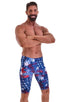 Lycra Bike Length Shorts in American Flag Collage, Front View; Lycra Bike Length Shorts in American Flag Collage, Rear View; Lycra Bike Length Shorts in America