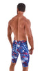 Lycra Bike Length Shorts in American Flag Collage, Front View; Lycra Bike Length Shorts in American Flag Collage, Rear View; Lycra Bike Length Shorts in America