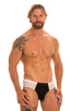 Pouch Enhanced Micro Square Cut Swim Trunks in White and PowerNet White, Front View; Pouch Enhanced Micro Square Cut Swim Trunks in White and PowerNet White, men's pouch brief swimsuit in a multi-color block design. The swimsuit is designed with a form-fitted front pouch that has a center seam to provide a contour fit, enhancing the male figure's shape.