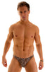 Enhancing Pouch Swim Brief in Super ThinSKINZ Cheeta, Front View; Enhancing Pouch Swim Brief in Super ThinSKINZ Cheeta, Rear View; Enhancing Pouch Swim Brief in