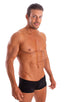 mens swimwear micro square cut swimsuit trunks by skinz swimwear in ThinSkinz Black; Micro Low Square Cut Swim Trunks in ThinSkinz Black 2; Micro Low Square Cut