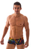 mens swimwear square cut boxer style swimsuit in Tan Through RaveUp; Extreme Low Square Cut Swim Trunks in Tan Through RaveUp, Rear View; Extreme Low Square Cut