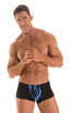Fitted Pouch - Boxer - Swim Trunks in Laser Blue Lightning & Black, Front View; Fitted Pouch - Boxer - Swim Trunks in Laser Blue Lightning & Black, Rear View; F