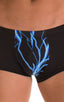 Fitted Pouch - Boxer - Swim Trunks in Laser Blue Lightning & Black, Front View; Fitted Pouch - Boxer - Swim Trunks in Laser Blue Lightning & Black, Rear View; F