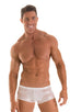 Fitted Pouch - Boxer - Swim Trunks in Super ThinSKINZ White &  White Satin Stripe Mesh, Front View; Fitted Pouch - Boxer - Swim Trunks in Super ThinSKINZ White