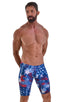 Fitted Pouch Lycra Shorts in American Flag Collage, Front View; Fitted Pouch Lycra Shorts in American Flag Collage, Rear View; Fitted Pouch Lycra Shorts in Amer