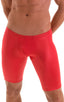 Fitted Pouch Lycra Shorts in Wet Look Lipstick Red, Front View; Fitted Pouch Lycra Shorts in Wet Look Lipstick Red, Rear View; Fitted Pouch Lycra Shorts in Wet
