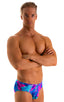 Pouch Brief Swimsuit in Tahitian Magenta-Aqua, Front View; Pouch Brief Swimsuit in Tahitian Magenta-Aqua, Rear View; Pouch Brief Swimsuit in Tahitian Magenta-Aq