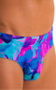 Pouch Brief Swimsuit in Tahitian Magenta-Aqua, Front View; Pouch Brief Swimsuit in Tahitian Magenta-Aqua, Rear View; Pouch Brief Swimsuit in Tahitian Magenta-Aq