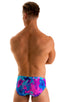 Pouch Brief Swimsuit in Tahitian Magenta-Aqua, Front View; Pouch Brief Swimsuit in Tahitian Magenta-Aqua, Rear View; Pouch Brief Swimsuit in Tahitian Magenta-Aq
