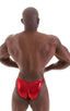 mens posing suit with fitted pouch and fitted puckered butt bodybuilder bikini in metallic red; Fitted Pouch - Puckered Back - Posing Suit in Metallic Lipstick