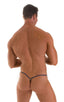 mens micro g string sexy swimsuit bikini in Metallic Black Ice Karma, Front View; Stuffit Pouch G String Swimsuit in Metallic Black Ice Karma, Rear View; Stuffi