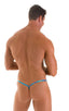 mens micro g string sexy swimsuit bikini in New World Blue, Front View; Stuffit Pouch G String Swimsuit in New World Blue, Rear View; Stuffit Pouch G String Swi