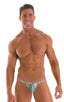 Stuffit Pouch G String Swimsuit in Super ThinSKINZ Turquoise Python, Front View; Stuffit Pouch G String Swimsuit in Super ThinSKINZ Turquoise Python, Rear View;