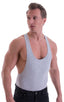 String Tank Gym Tee in Heather Grey cotton-lycra, Front View; String Tank Gym Tee in Heather Grey cotton-lycra, Rear View; Special Order Notice; String Tank Gym