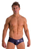 Pouch Enhanced Micro Square Cut Swim Trunks in Ice Karma Nero, Front View; Pouch Enhanced Micro Square Cut Swim Trunks in Ice Karma Nero, Rear View; Pouch Enhan