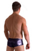 Pouch Enhanced Micro Square Cut Swim Trunks in Ice Karma Nero, Front View; Pouch Enhanced Micro Square Cut Swim Trunks in Ice Karma Nero, Rear View; Pouch Enhan