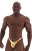 mens posing suit with fitted pouch and puckered butt bodybuilder bikini half back in metallic gold; Posing Suit - Fitted Pouch - Puckered Back in Metallic Liqui