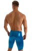 Lycra Bike Length Shorts in Metallic Mystique Ocean, Front View; Lycra Bike Length Shorts in Metallic Mystique Ocean, Rear View; Lycra Bike Length Shorts in Met