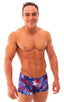 mens swimwear square cut boxer style swimsuit in USA Flag; Extreme Low Square Cut Swim Trunks in USA Flag Collage 2; Extreme Low Square Cut Swim Trunks in USA F