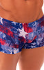 mens swimwear square cut boxer style swimsuit in USA Flag; Extreme Low Square Cut Swim Trunks in USA Flag Collage 2; Extreme Low Square Cut Swim Trunks in USA F